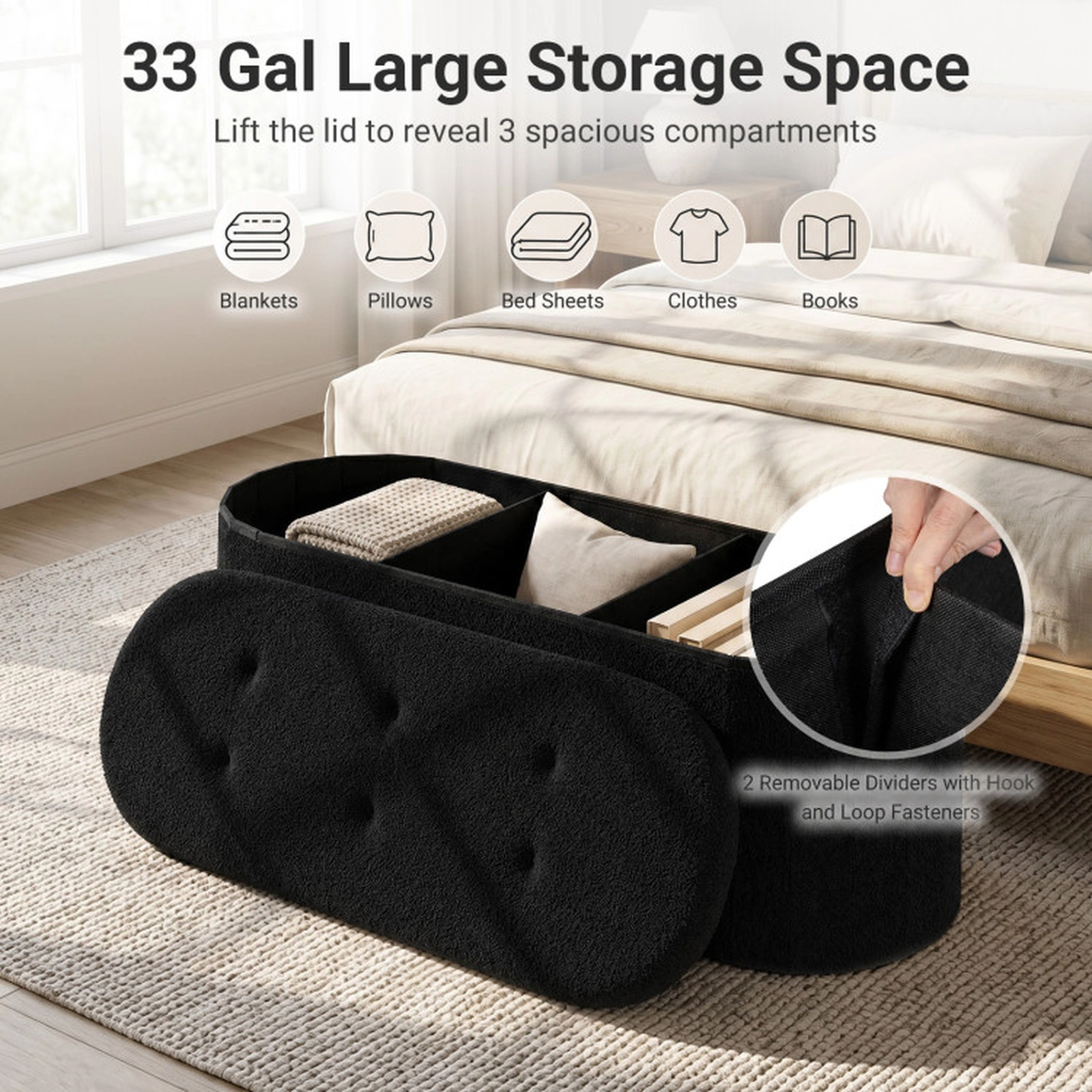 SUGIFT 43-in Teddy Fleece Storage Ottoman Bench with 3 Compartments 330-Lb Capacity Black for Living Room and Bedroom