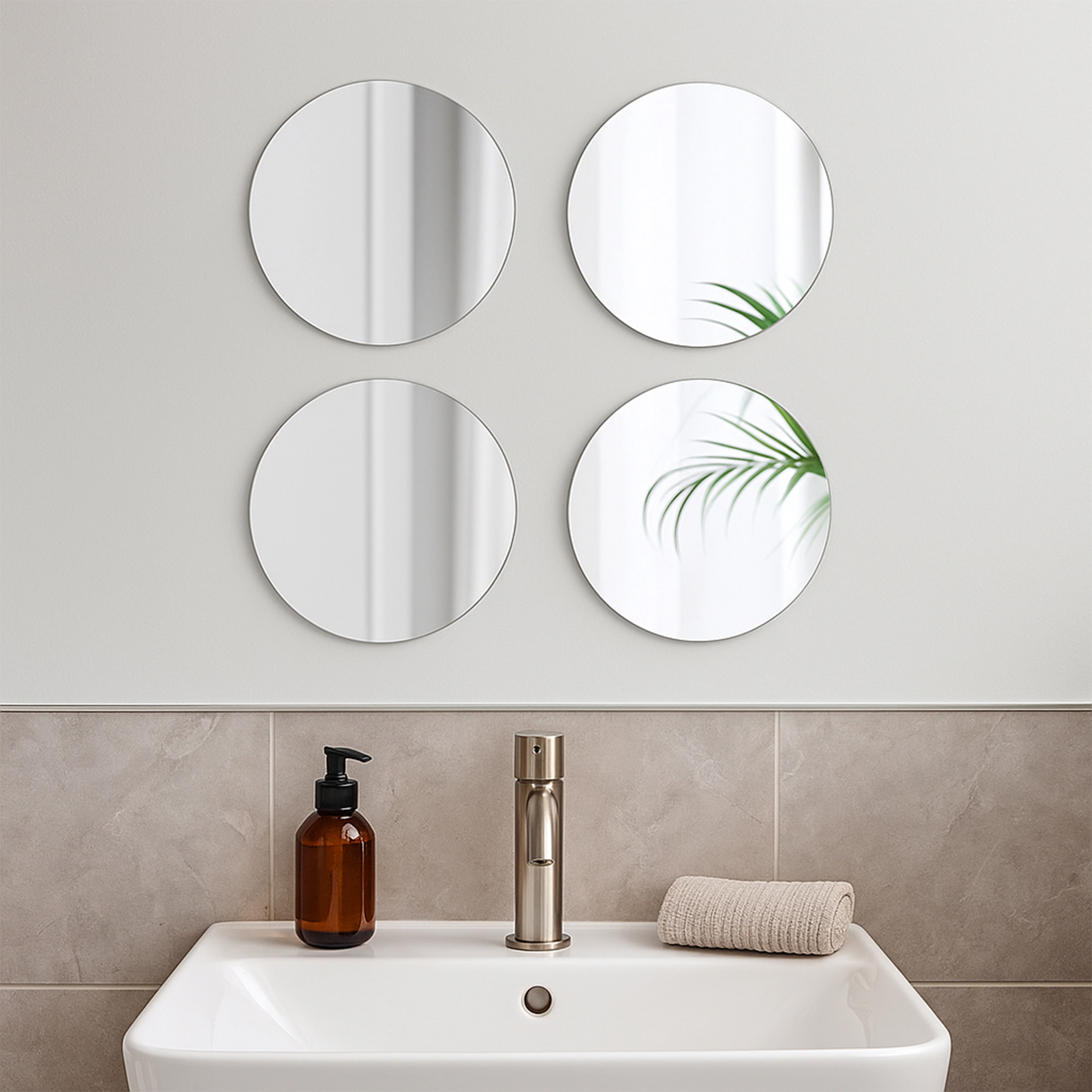Evideco French Home Goods Set of 4 Frameless 11.11" Round Glass Mirrors, Self-Adhesive, Silver Finish