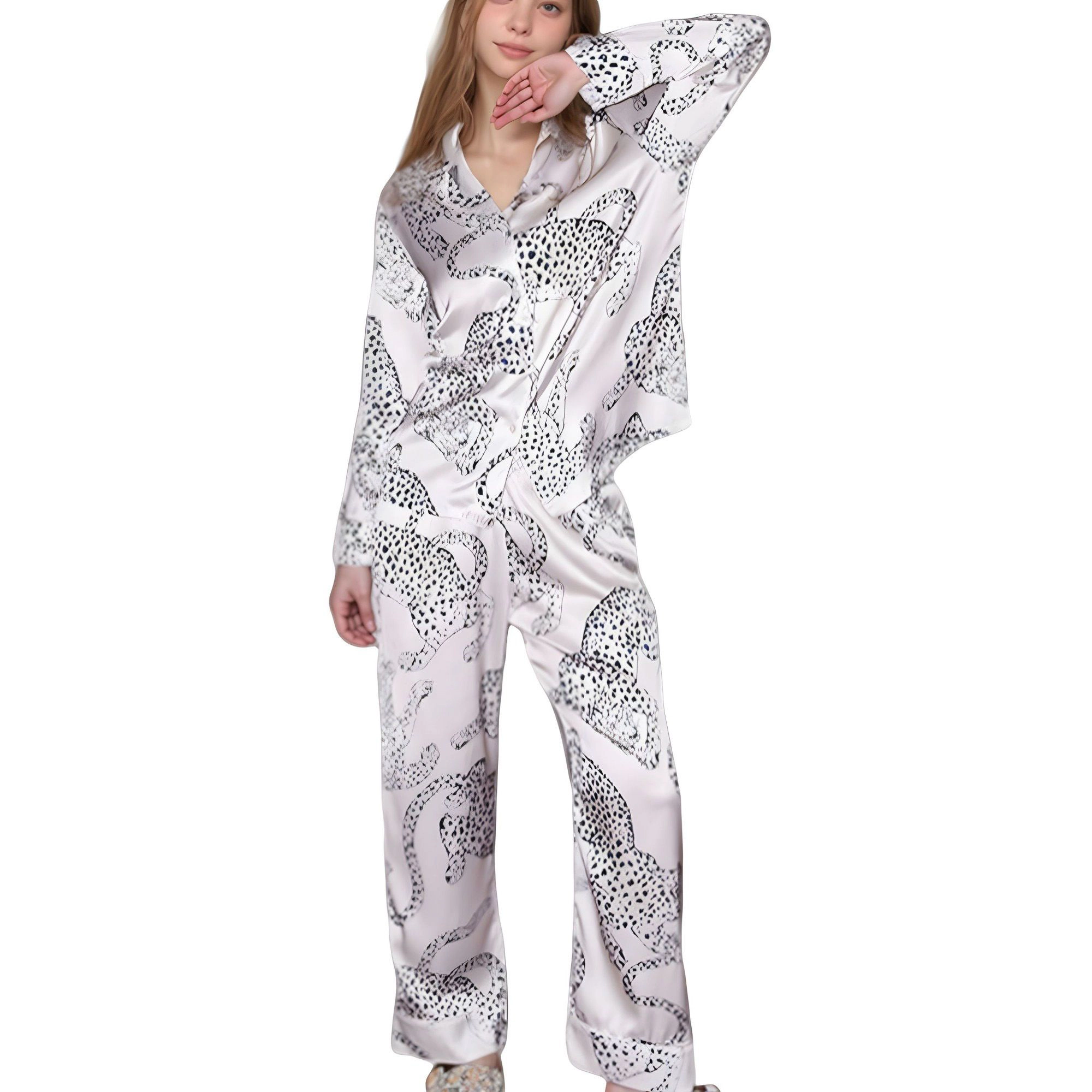 Anna-Kaci Women's Cheetah Print Woven Pajama Set with Long Sleeve Button Down Top and Relaxed Fit Straight Leg Pants