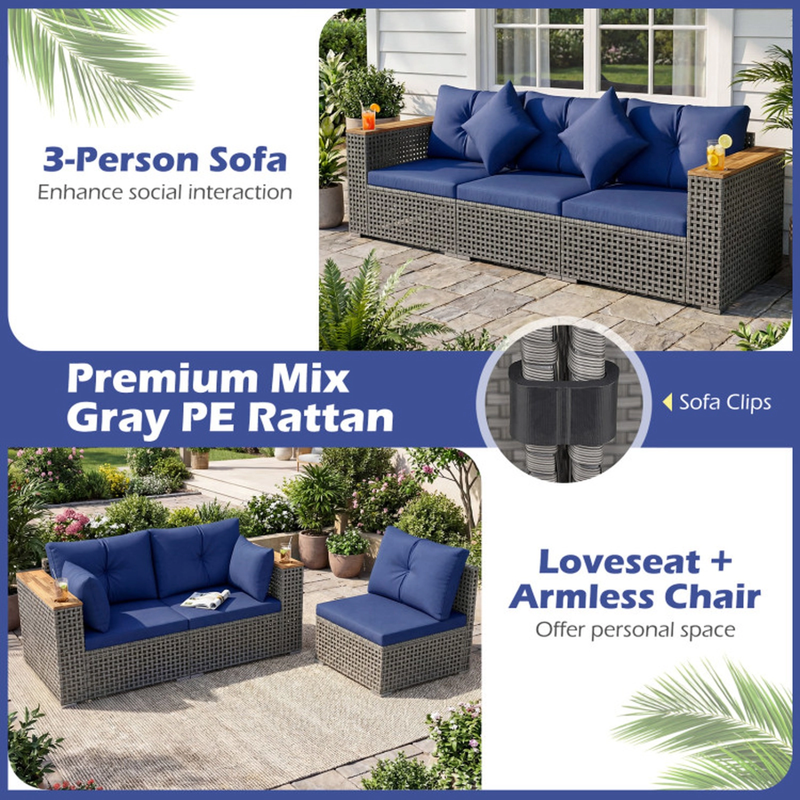 SUGIFT 3-Piece Modular Patio Wicker Sectional Sofa Set 1 Armless 2 Corner Sofas 400-lb per Seat 86.5-in Wide Navy