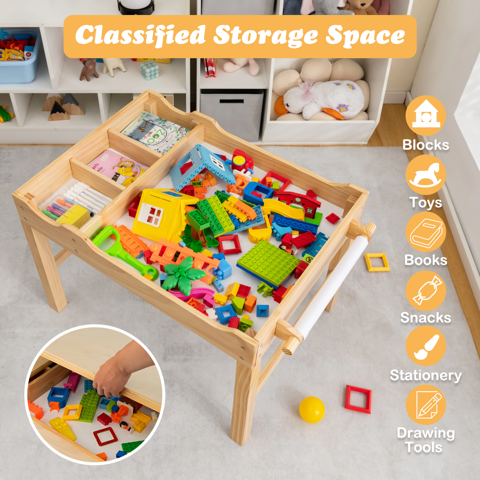 SUGIFT Natural Storage and Paper Roll Kids Multi Activity Play Table Wooden Building Block Desk
