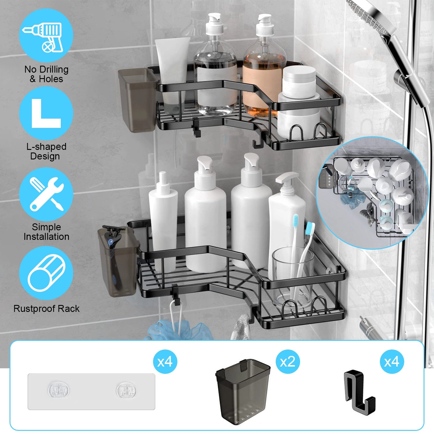 GBruno 2-Pc Corner Shower Caddy With Soap Holders