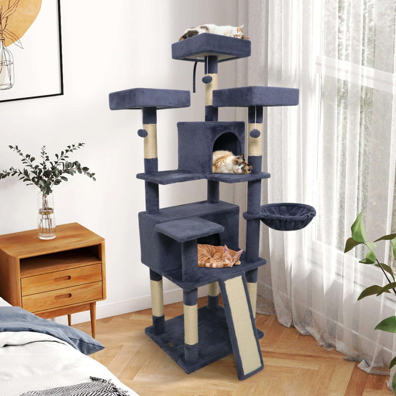 SUGIFT 65-in Tall Dark Gray Multi-Level Cat Tree with 3 Perches 2 Condos Ladder and Scratching Board