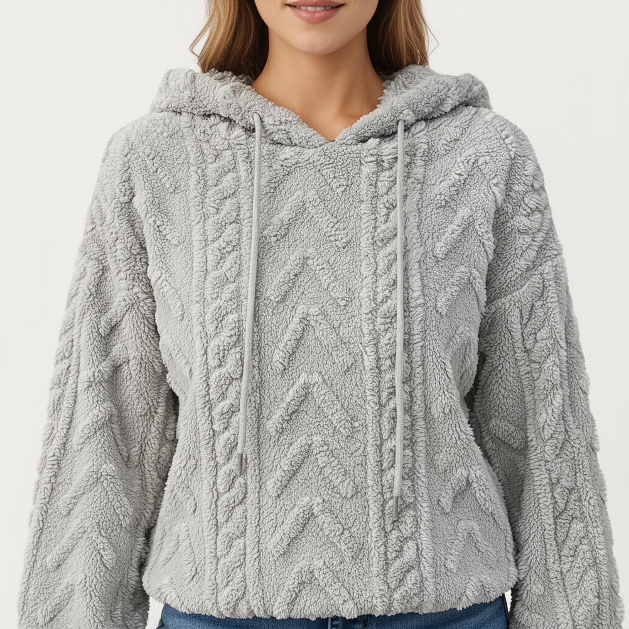 Anna-Kaci Women's Plush Textured Hoodie with Cable Inspired Patterning, High Pile Fabric, Ribbed Trim Accents