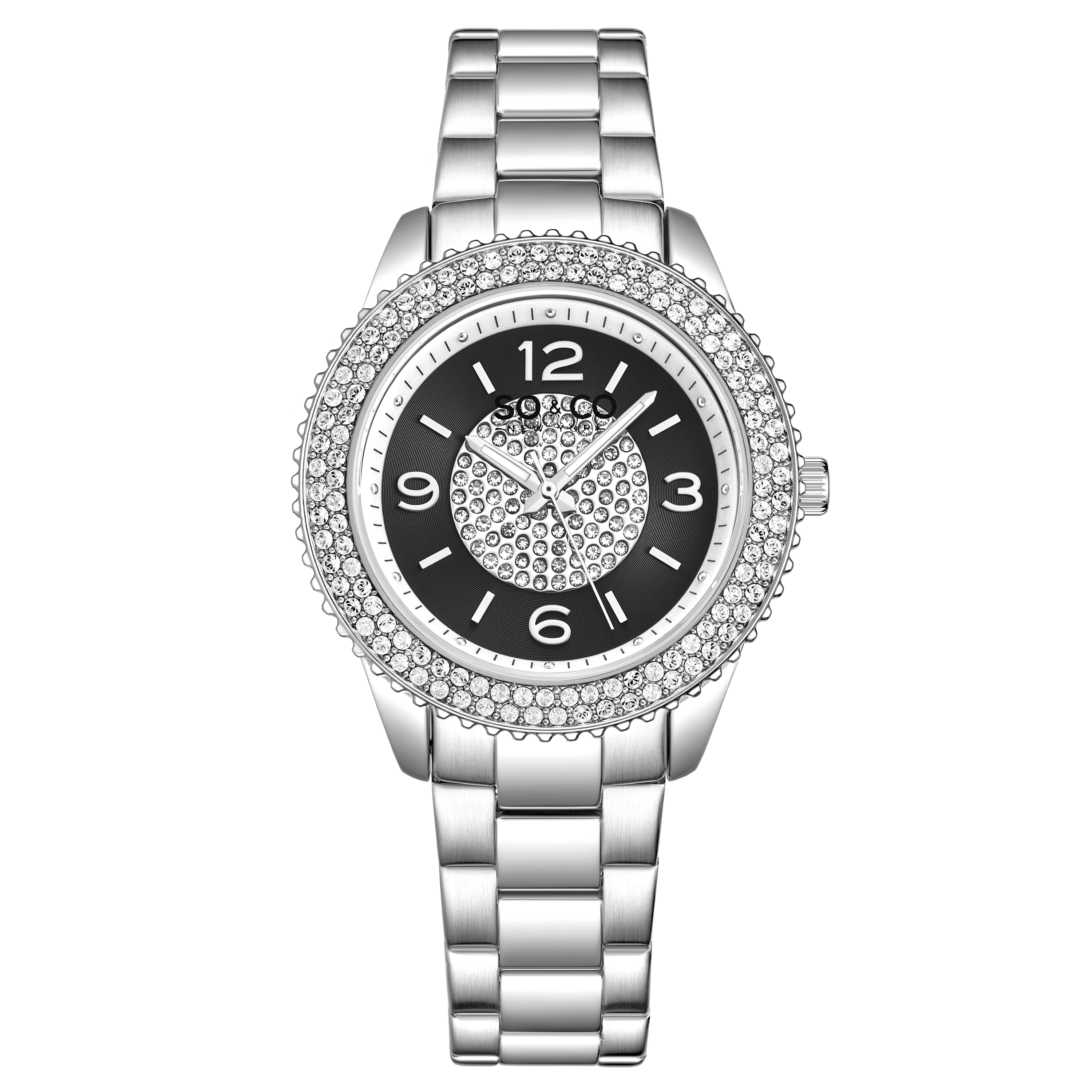 SO&CO Madison 5532 38mm Quartz Watch with Crystals on Bezel and Inner Dial Stainless Steel Bracelet 18mm wide