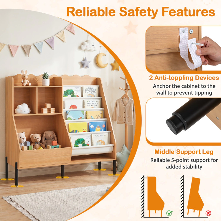 Hivvago Kids Bookshelf and Toy Storage Organizer Wooden Bookcase with 5 Fabric Pockets