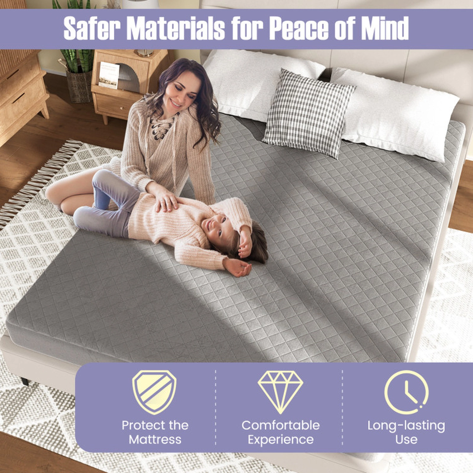SUGIFT Breathable Velvet Polyester Mattress Topper Protector Queen 80 x 60-in Gray Non-Slip Bottom 16-in Deep Pocket