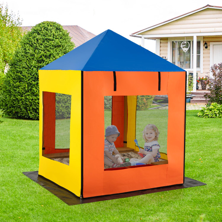 Hivvago Kids Wooden Sandbox with Canopy Large Sand Pit with Mesh Windows and Bottom Liner