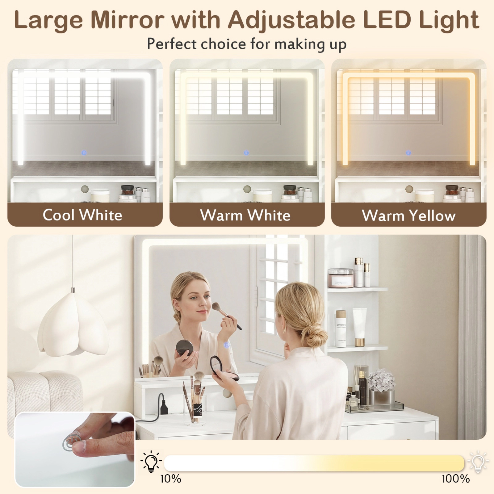 SUGIFT LED Lighted Vanity Set Mirror & Adjustable Brightness Table 88-lb Tabletop Capacity 330-lb Stool Capacity White