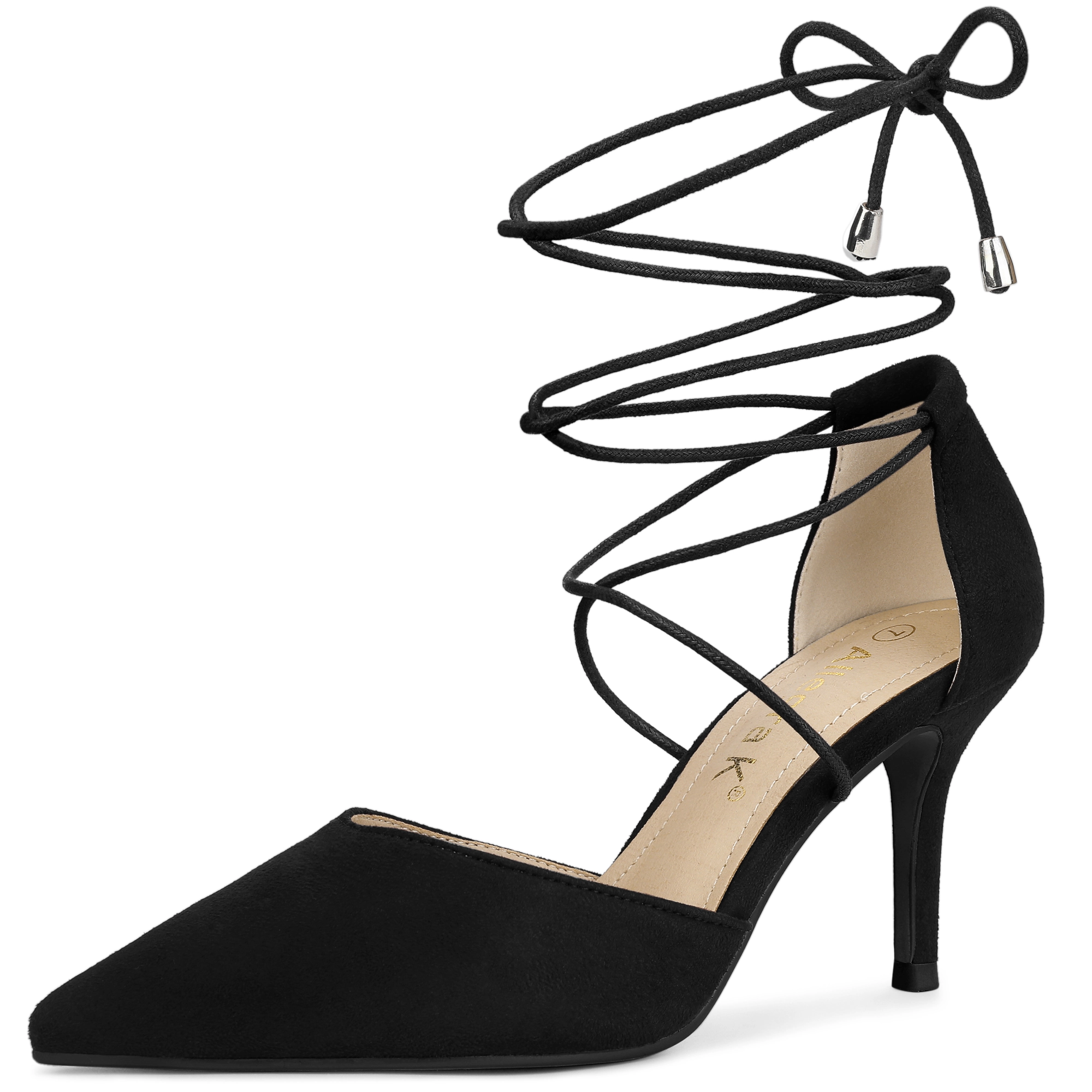 BLISSFUL STEP Women Faux Suede Pointed Toe Lace Up Stiletto Heels Dress Pumps