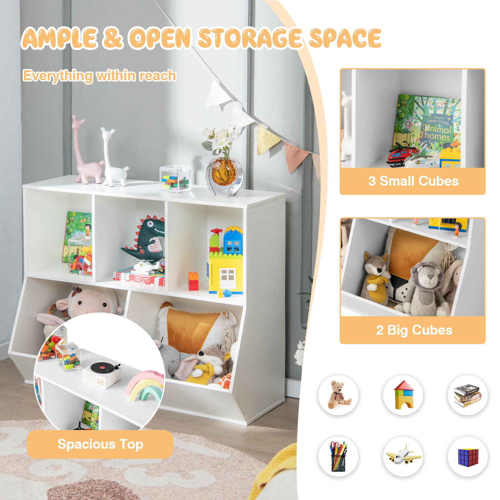 SUGIFT White 5-Cube 110-lb Top Wooden Kids Toy Storage Organizer with Anti-Tipping Kits and 6-in Barriers
