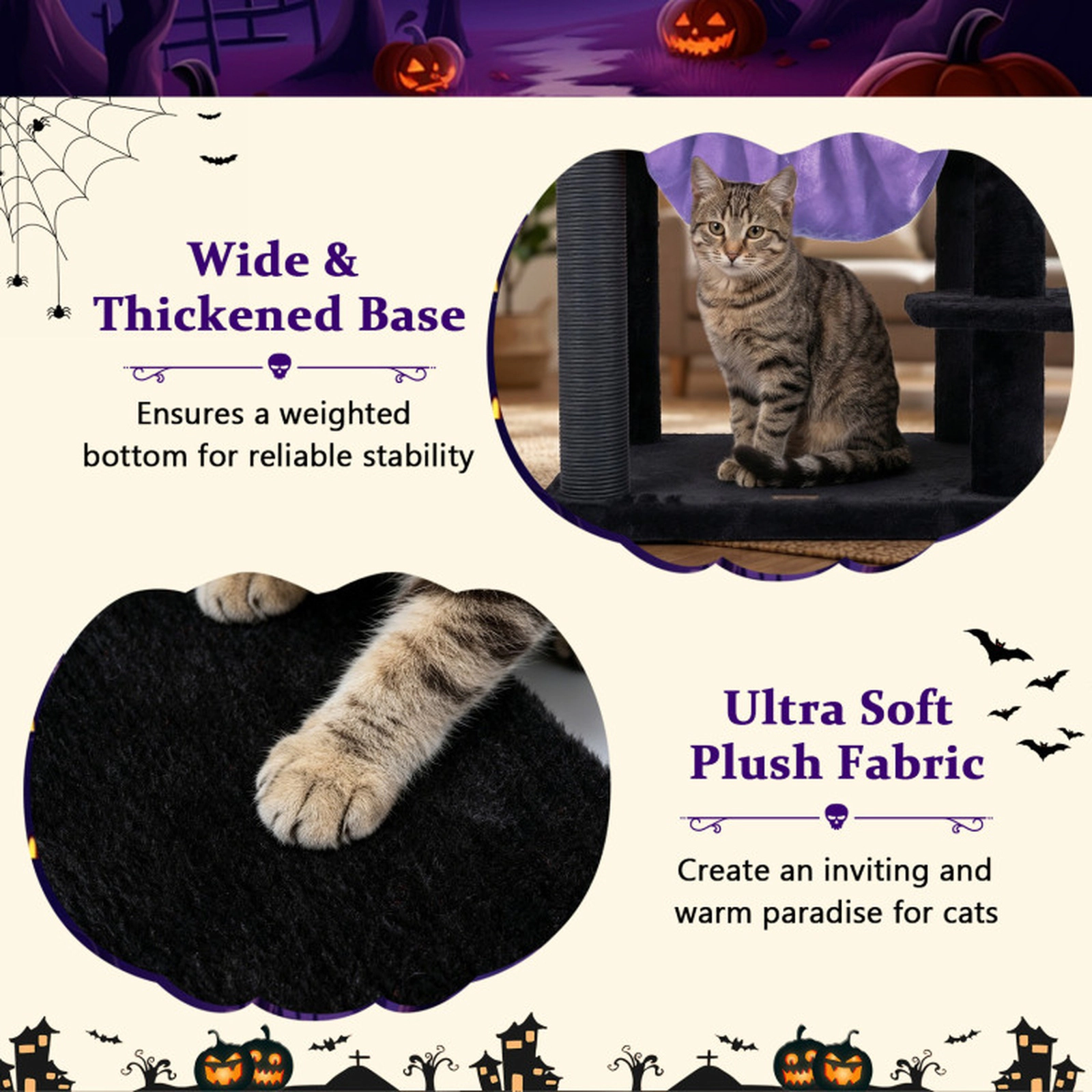 SUGIFT 51-in Gothic Multi-level Cat Tree with Castle Condo Hammock and Spider Toy 22-lb Capacity Purple & Black