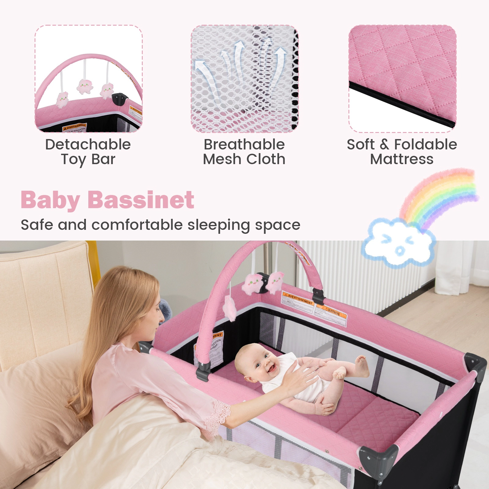 SUGIFT 3-in-1 Portable Baby Crib Bassinet and Playpen with Waterproof Changing Table 19.8-lb Capacity Ages 0-3 Years