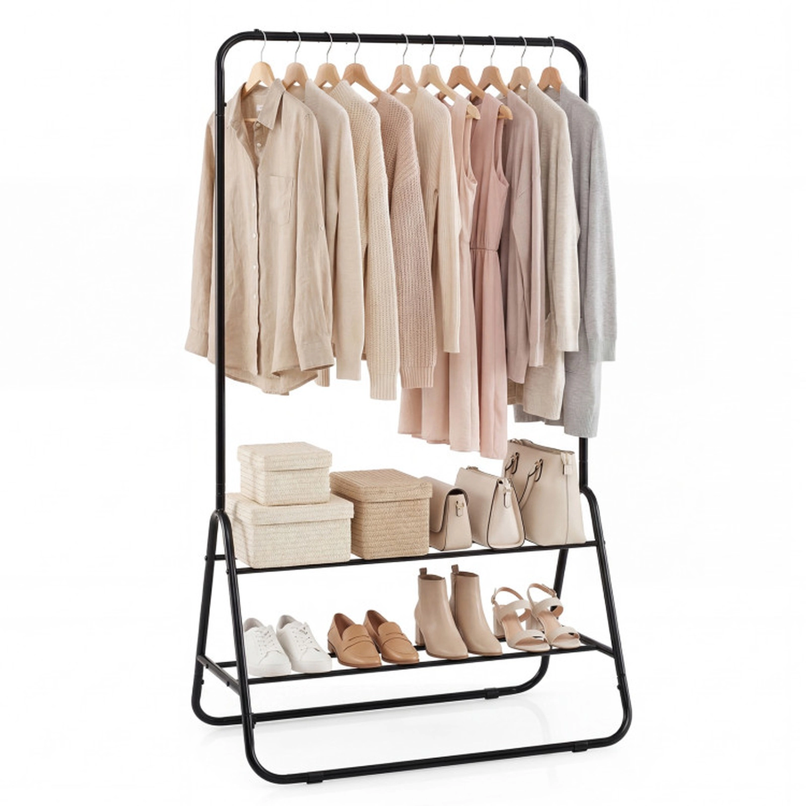 SUGIFT 59-in 45-lb Capacity Black Heavy Duty Metal Clothes Rack with Hanging Rod and 2 Storage Shelves