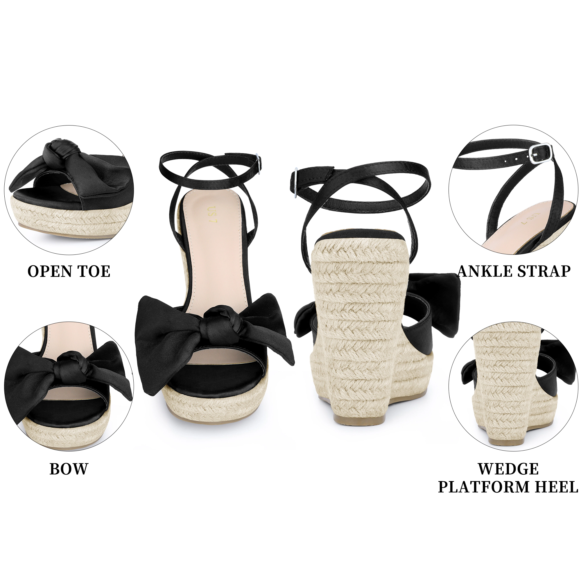 BLISSFUL STEP Women's Bow Knot Platform Wedge Heel Adjustable Buckle Sandals