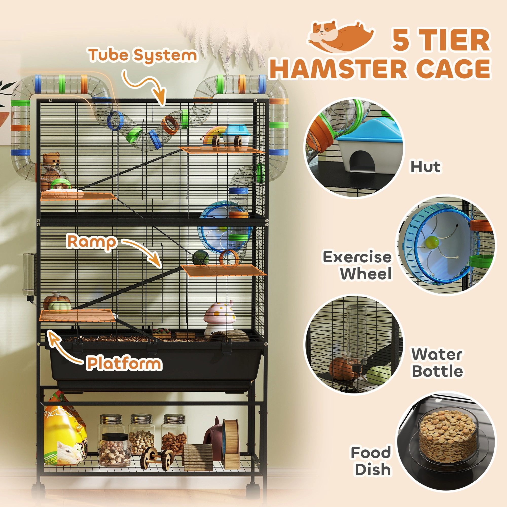 HONGGE Hamster Cage Rolling Rat Cage with Deep Tray Storage Shelf Big Exercise Wheel Hut Tube System