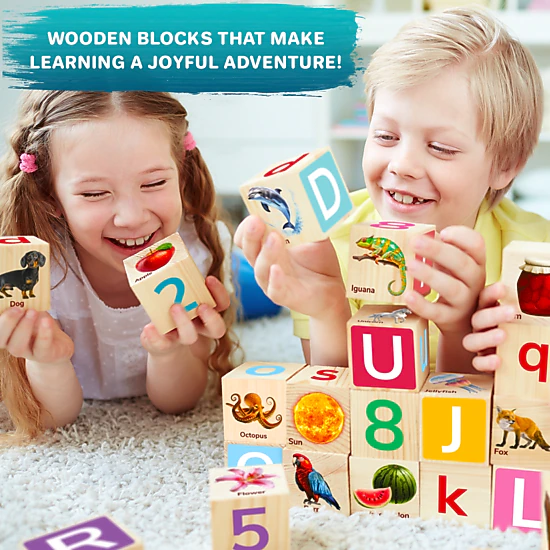 QUOKKA Wooden Alphabet Blocks & Peg Puzzle Set, ABC Learning Toys for Toddlers, Ages 1+