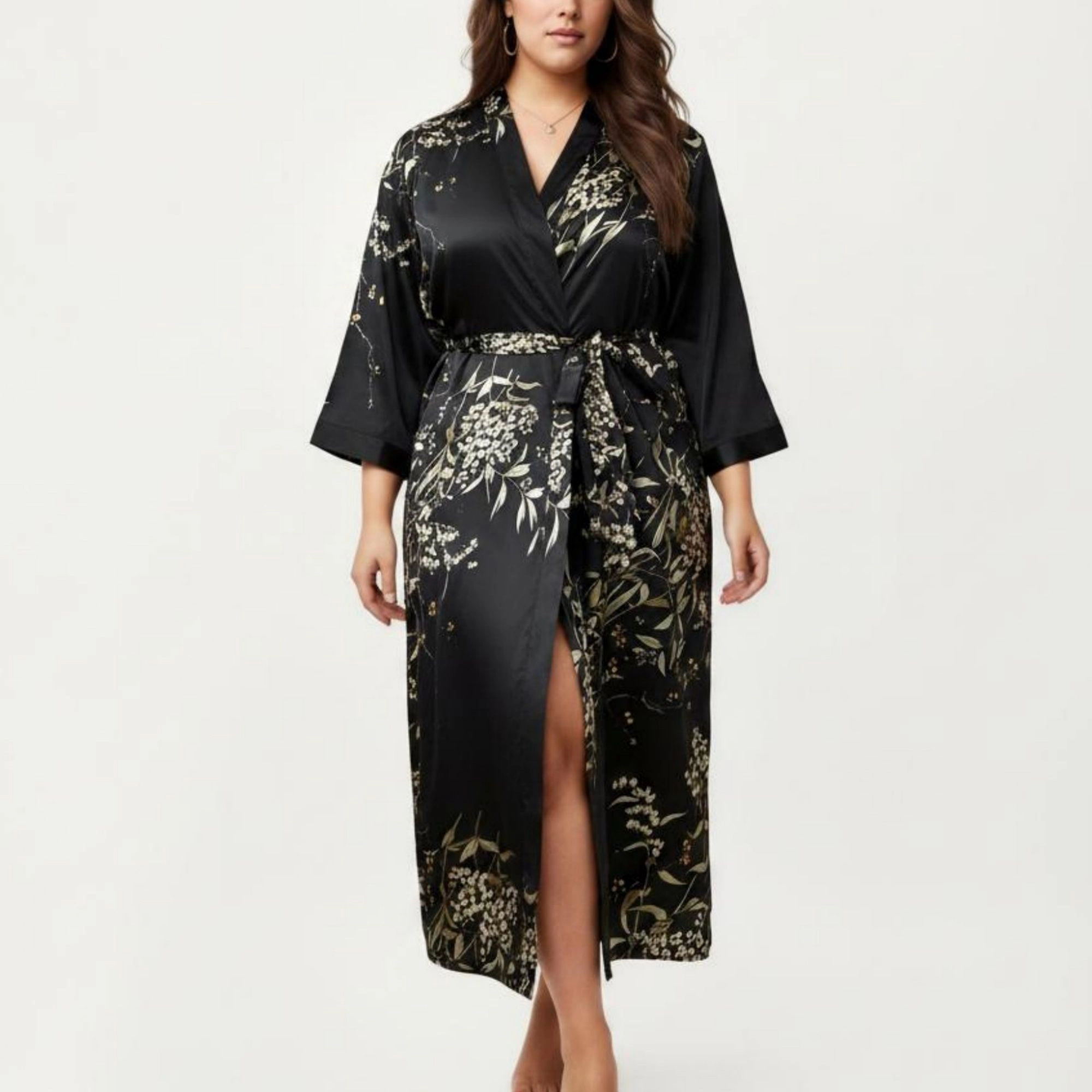 Anna-Kaci Women's Plus Satin Floral Kimono Robe with Self Tie Belt Longline Open Front Lightweight Sleepwear