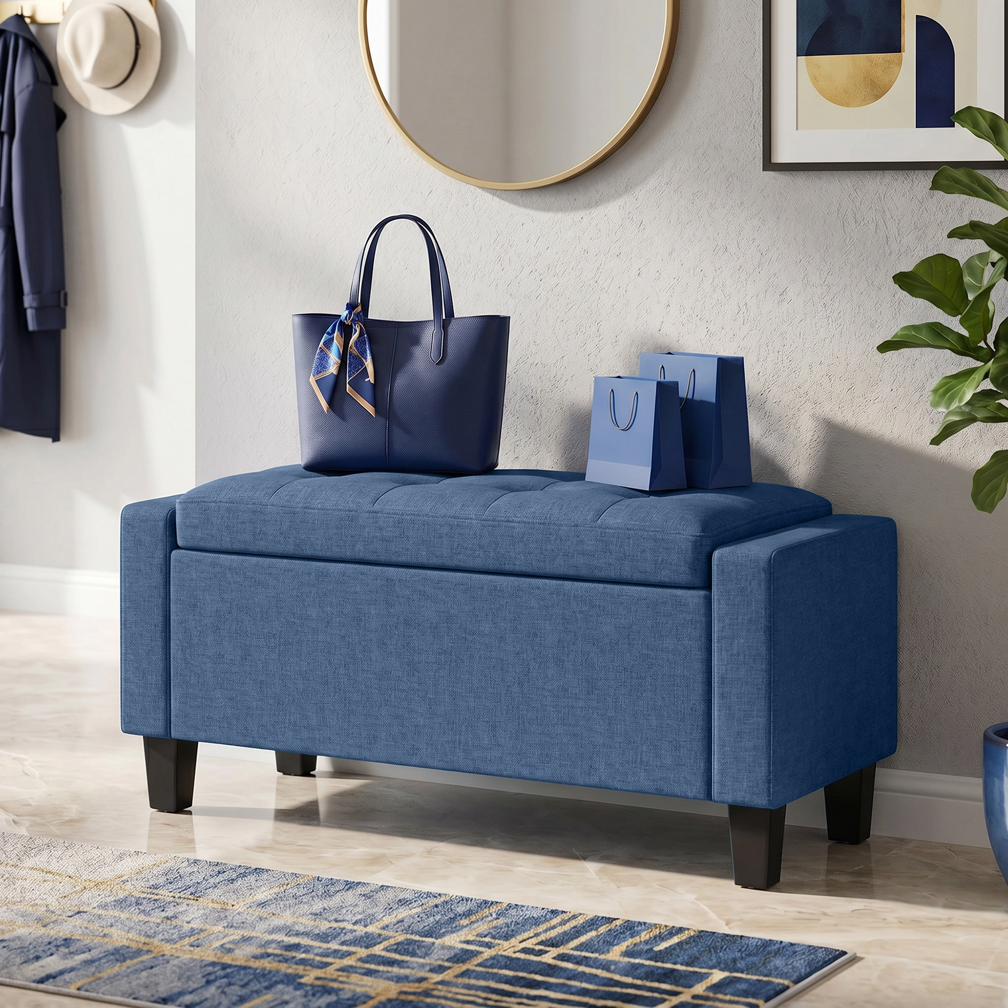 Hivvago Storage Ottoman Bench With Tufted Armrests And Wooden Legs