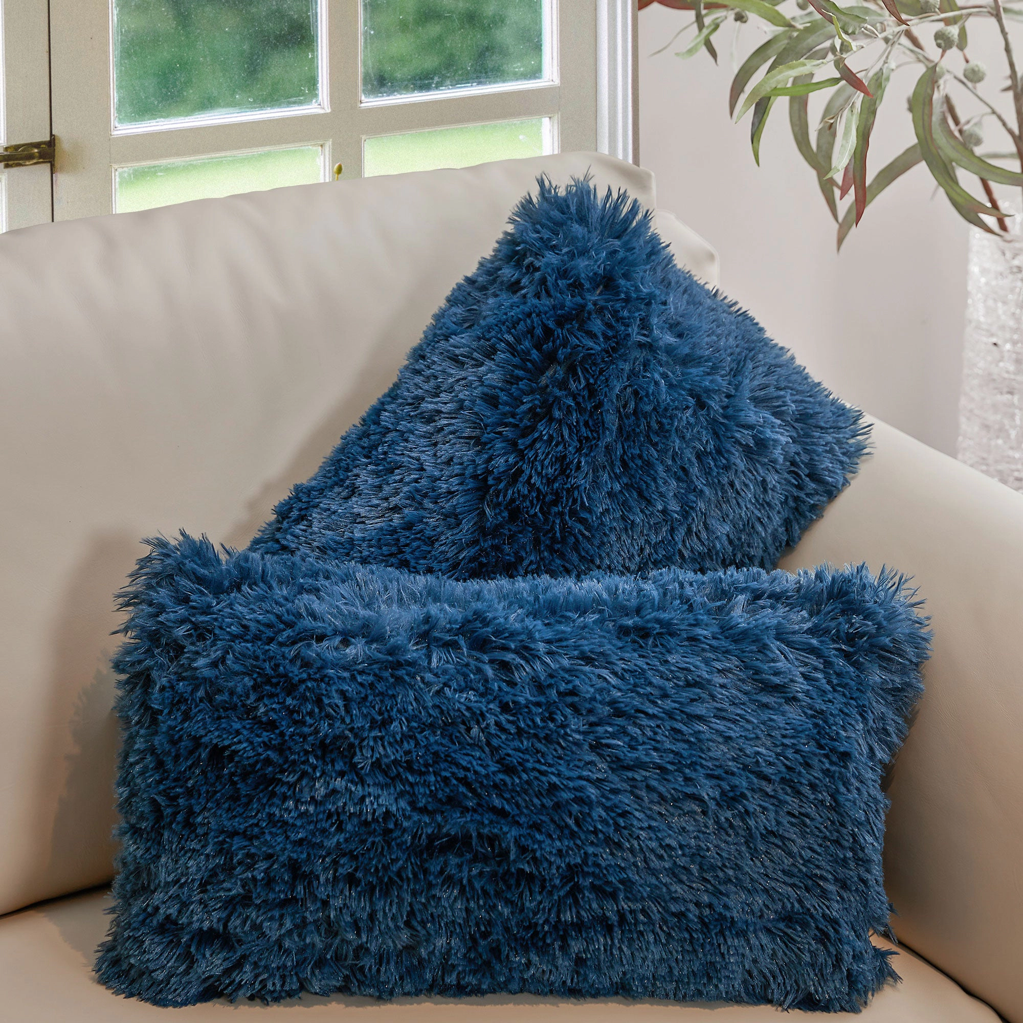 Cheer Collection 2 Pack 12 x 20 Inch All Around Shaggy Faux Fur Lumbar Pillows with Inserts