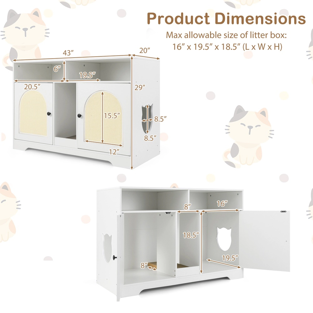 SUGIFT 43-in Wide Cat Litter Box Enclosure Cabinet with Double Rooms Scratching Board Storage Shelves White
