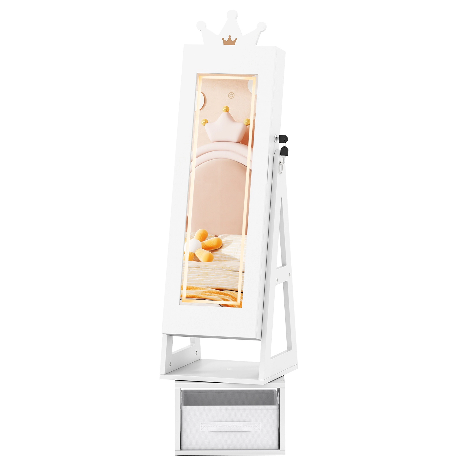 SUGIFT 3-in-1 Kids Jewelry Cabinet with Lighted Full-Length Mirror 47-in Standing Armoire and Rack