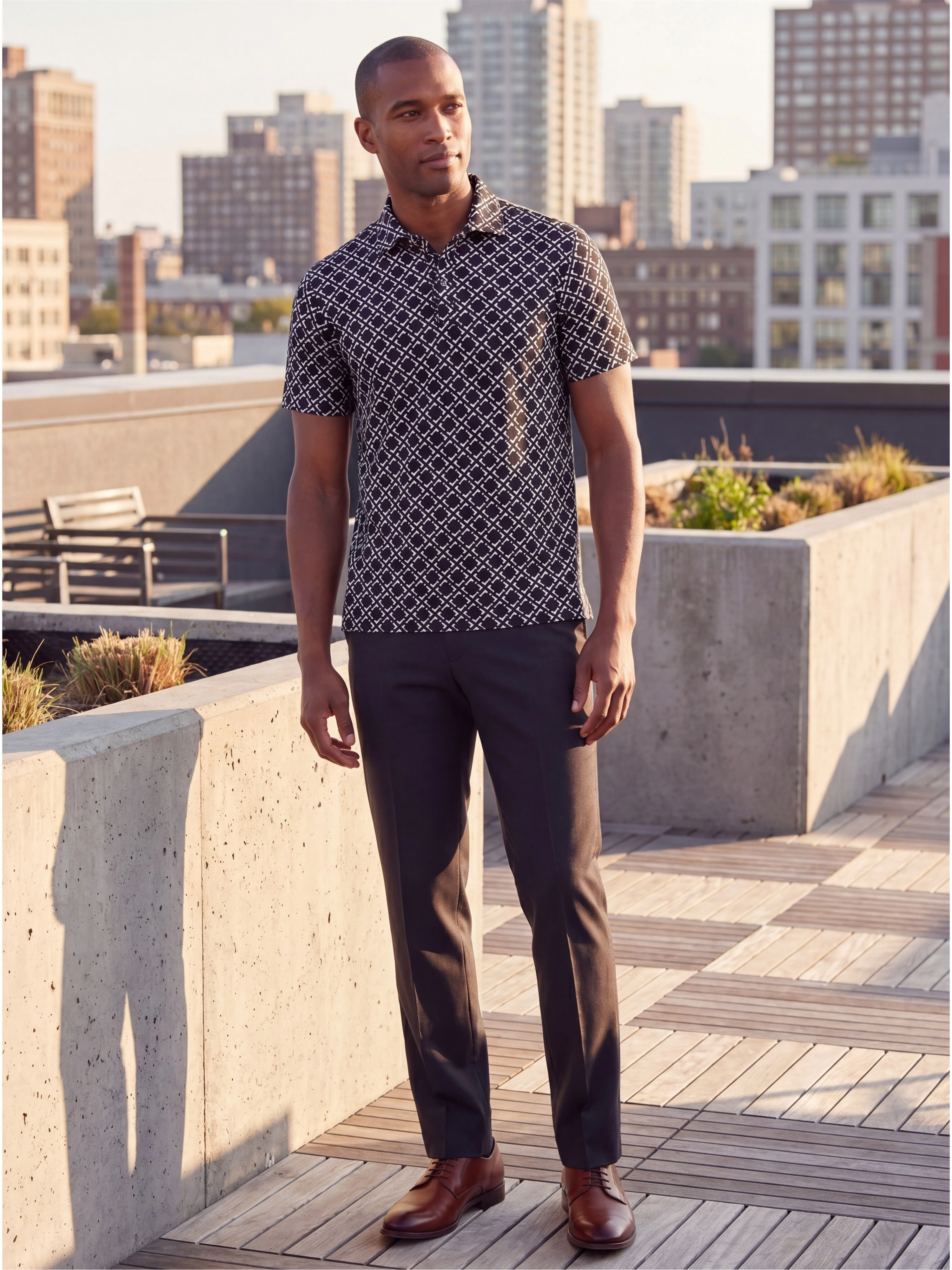24sevenMen Wrinkle Resistant 3 Button Machine Washable Geometric Black Polo Shirt