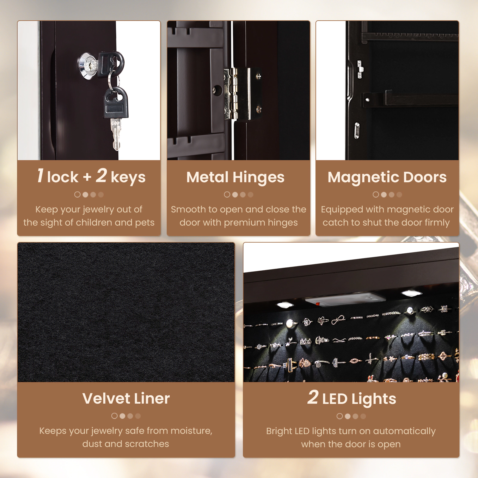 SUGIFT Brown Mirrored Jewelry Armoire with 98 Ring Slots 36 Hooks and 2 Drawers Wall or Door Mounted