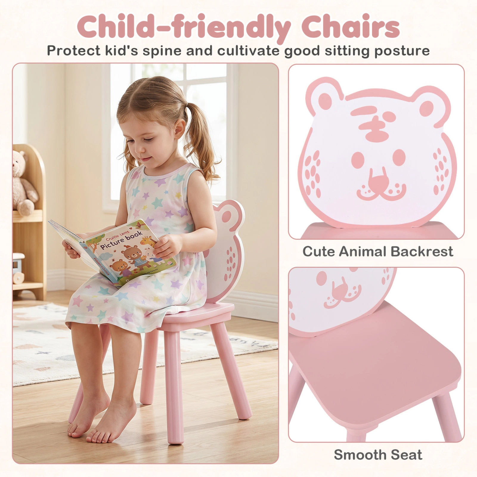 SUGIFT 3-Piece Kids Table and Chairs Set with Animal Patterns 44-lb Table 66-lb Chairs Ages 3-6 White Green Yellow