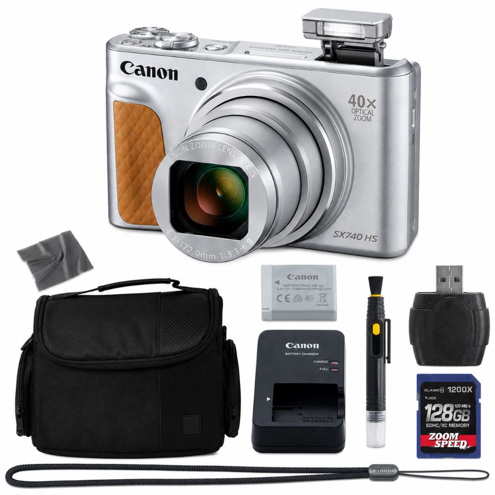 Canon PowerShot SX740 HS Digital Camera (Silver) (2955C001) + 128GB 4K AOM Pro Kit: