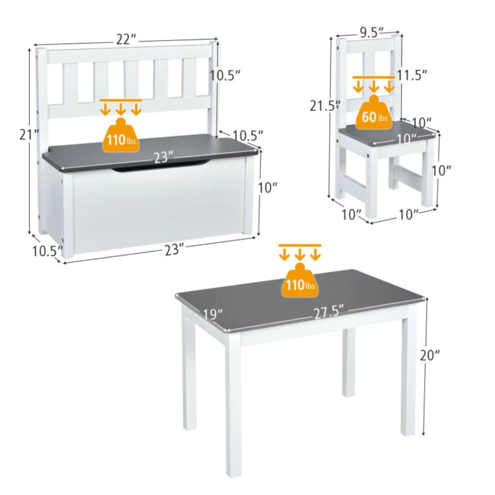 Hivvago 4 Pieces Kids Wooden Activity Table And Chairs Set With Storage Bench Study Desk