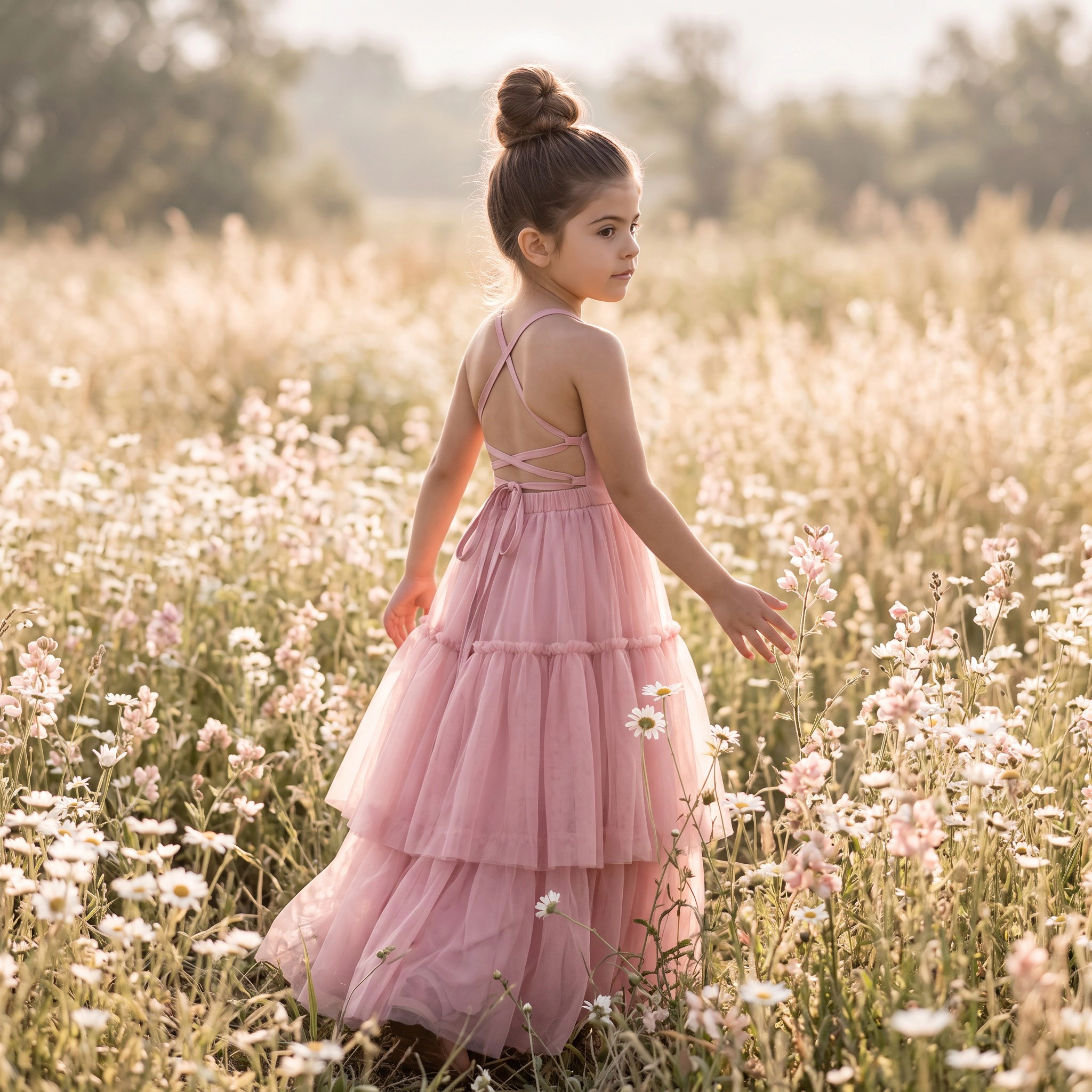 2Bunnies Girls Boho Tiered Tulle Maxi Dress with Crisscross Open Back