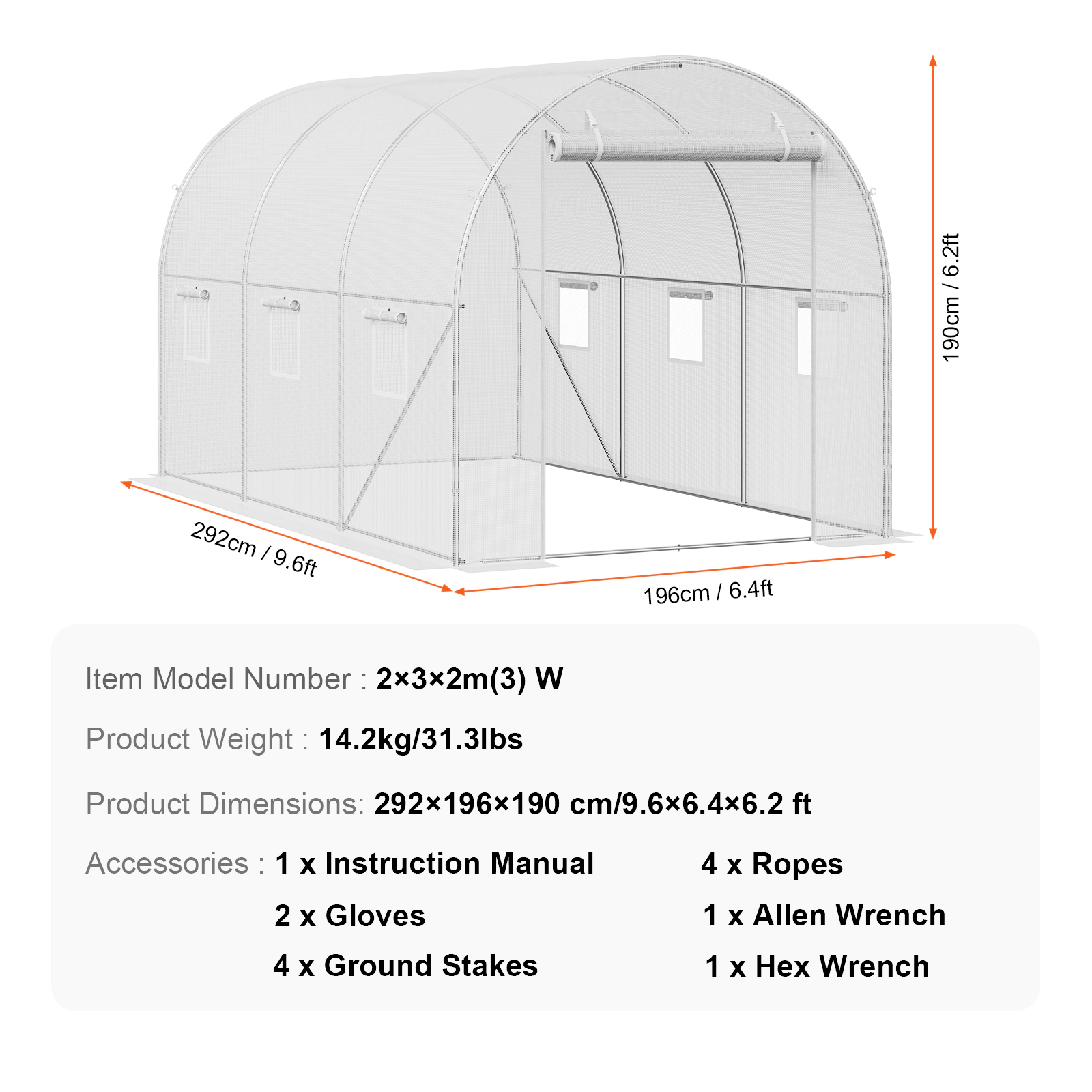 HONGGE Walk-in Tunnel Greenhouse Portable Plant Hot House with Galvanized Steel Hoops 1 Top Beam Diagonal Poles