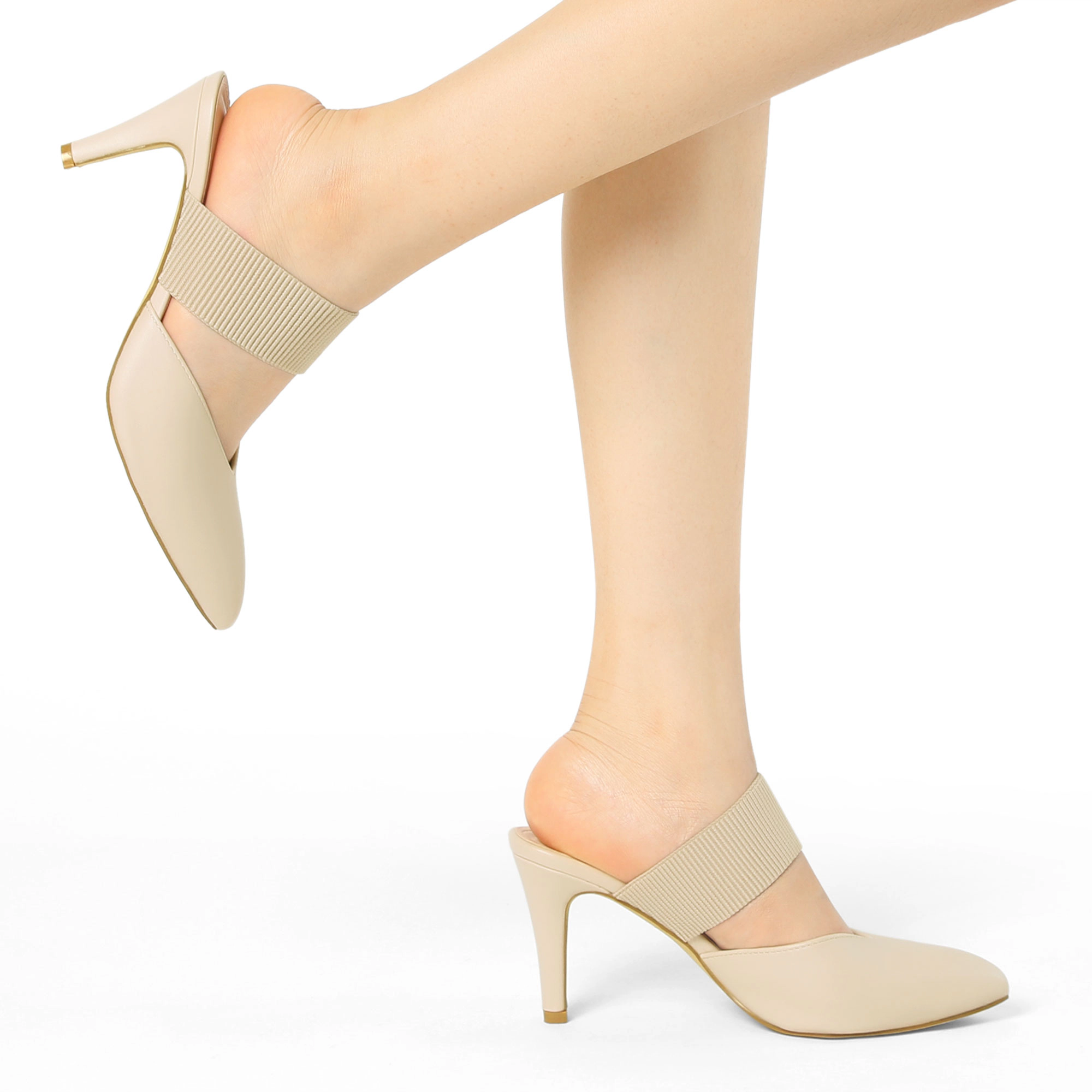 BLISSFUL STEP Women's Faux Leather Pointed Toe Elastic Strap Stiletto Heels Mules