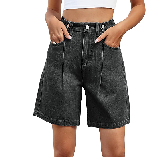 EadianDree Womens High Waist Pleated Denim Bermuda Shorts Multi Button Relaxed Wide Leg Jean Shorts