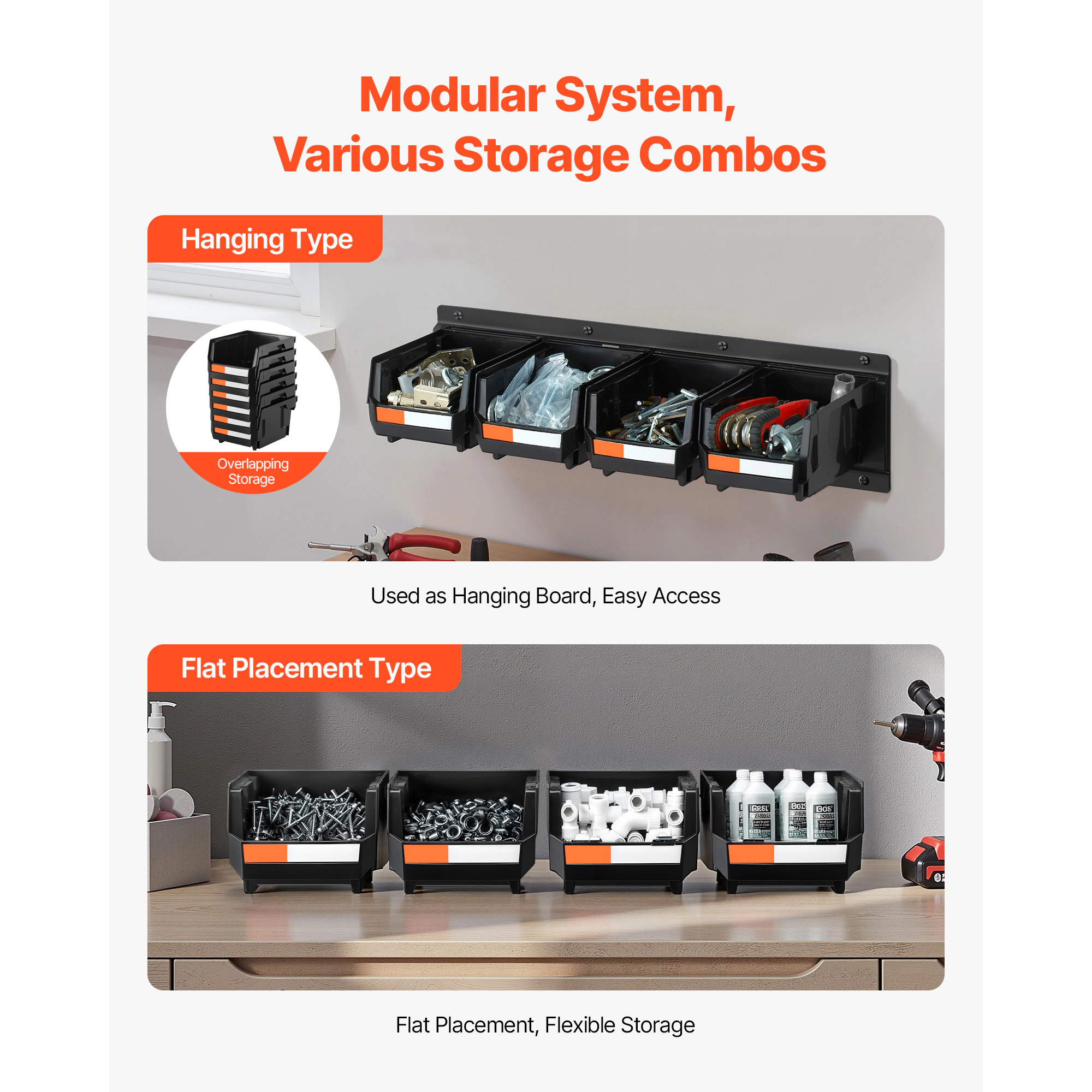 HONGGE Wall Mounted Storage Bins 12 Plastic Bins & 3 Metal Rails Plastic Hanging Stackable Storage Bin for Screws Nuts