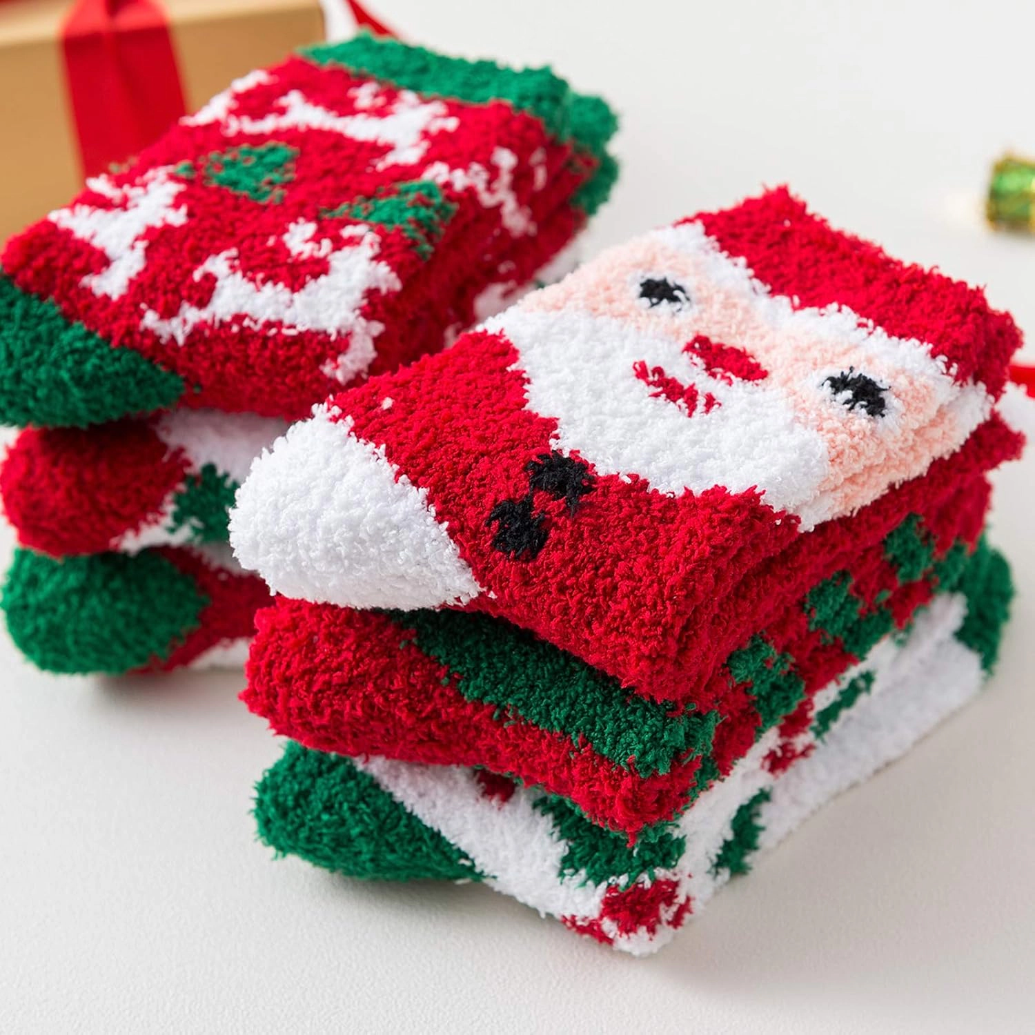 Wardrobe Whimsy 6 Pairs Womens Christmas Fuzzy Socks Winter Warm Cozy Socks Soft Fluffy Socks
