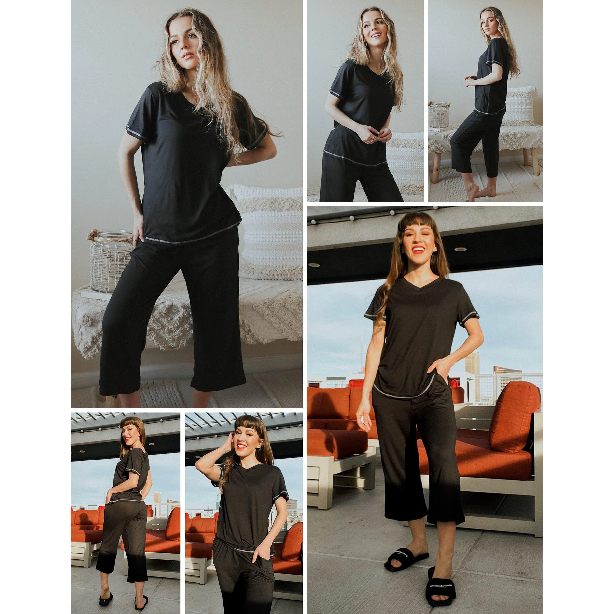 Ekouaer Women's Sleepwear Capri Pajama Sets Short Sleeve 2 Piece Pjs V Neck Tops & Pants