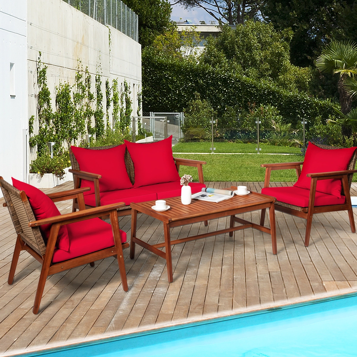 SUGIFT Red Coffee Table and Cushions 4-Piece Acacia Wood and Rattan Patio Sofa Set