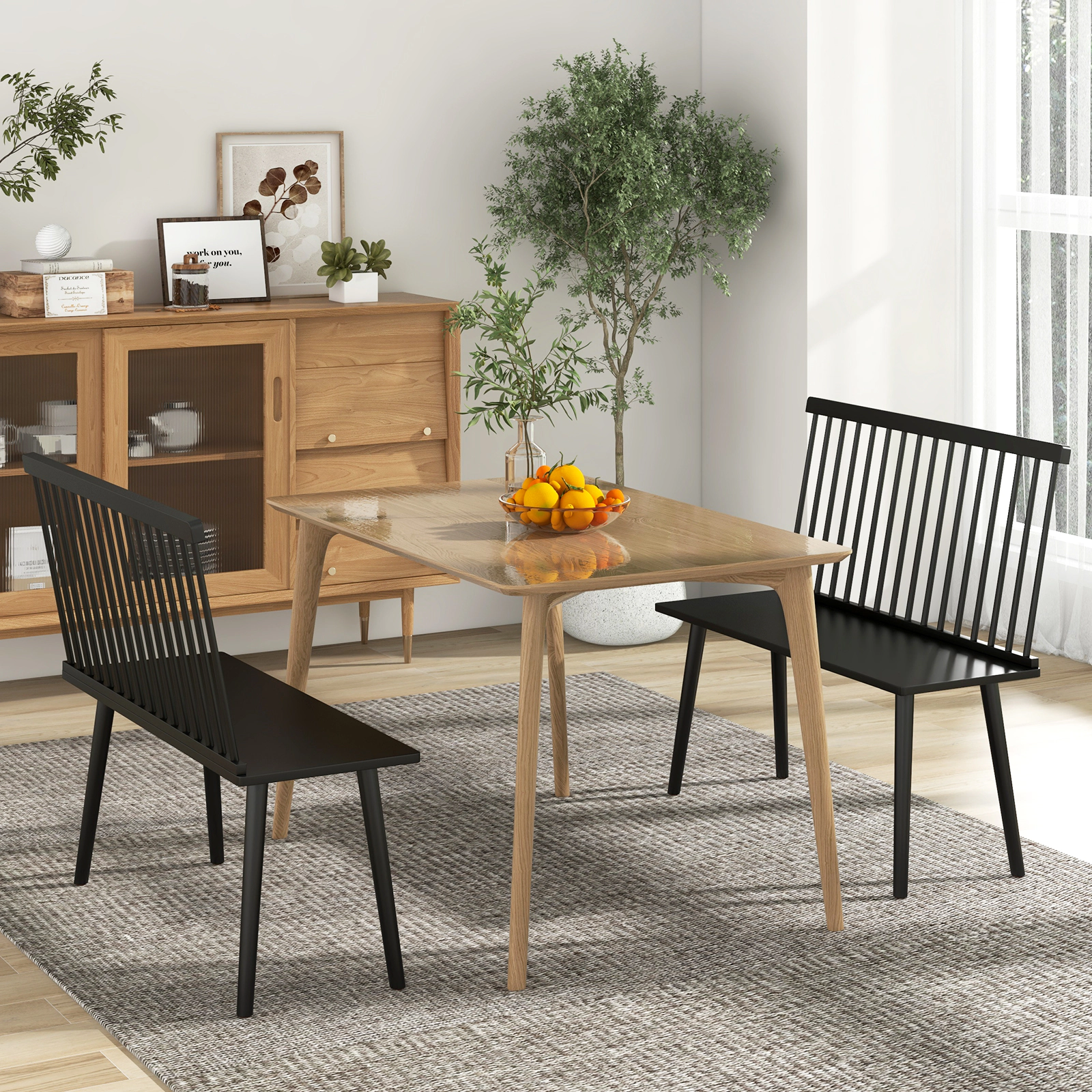 SUGIFT Entryway Bench Black Rubber Wood 2-Seat Bench with Removable Spindle Back