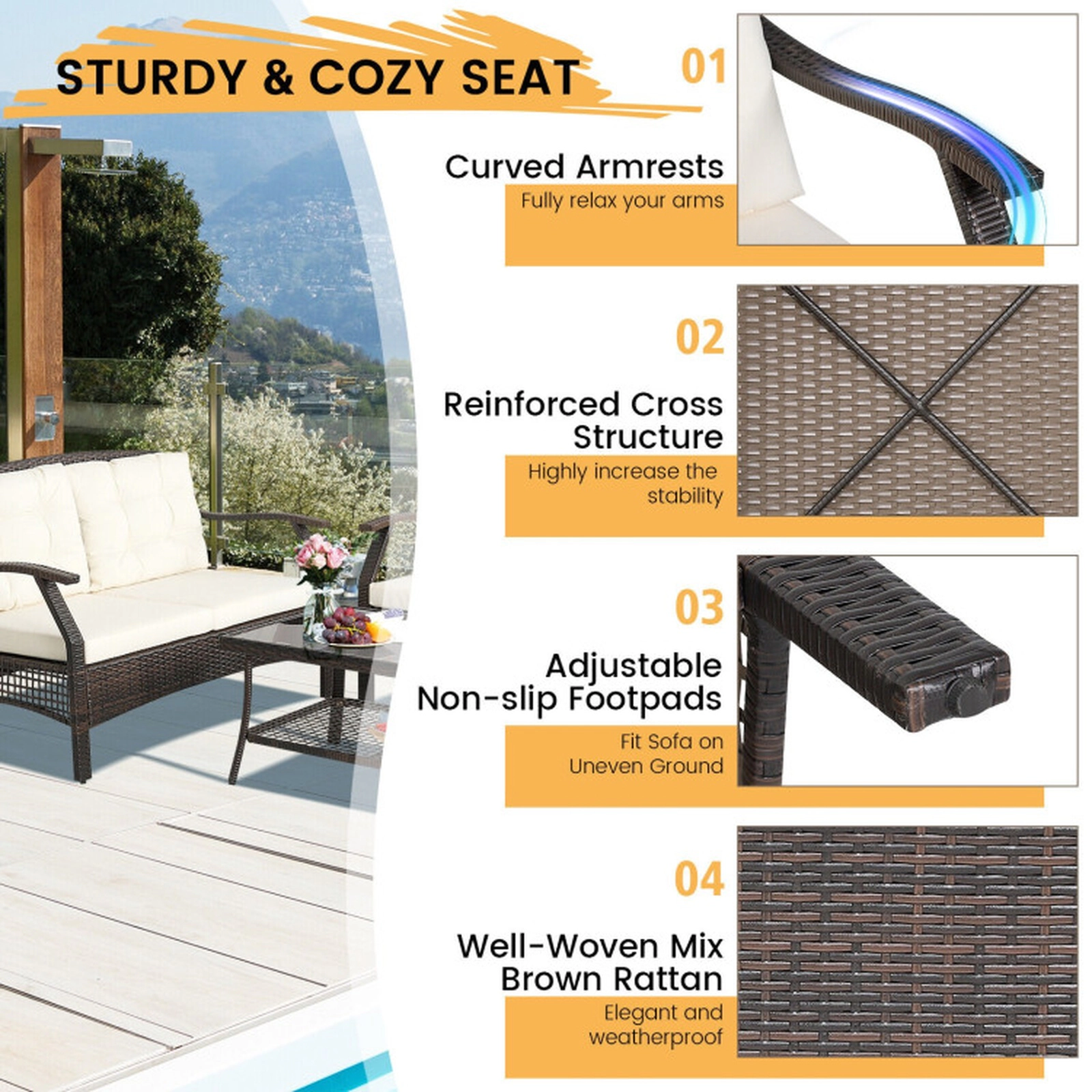 SUGIFT 4-Piece Off White Rattan Patio Conversation Set with Cover 48-in W 32.5-in H 800-lb Loveseat Capacity