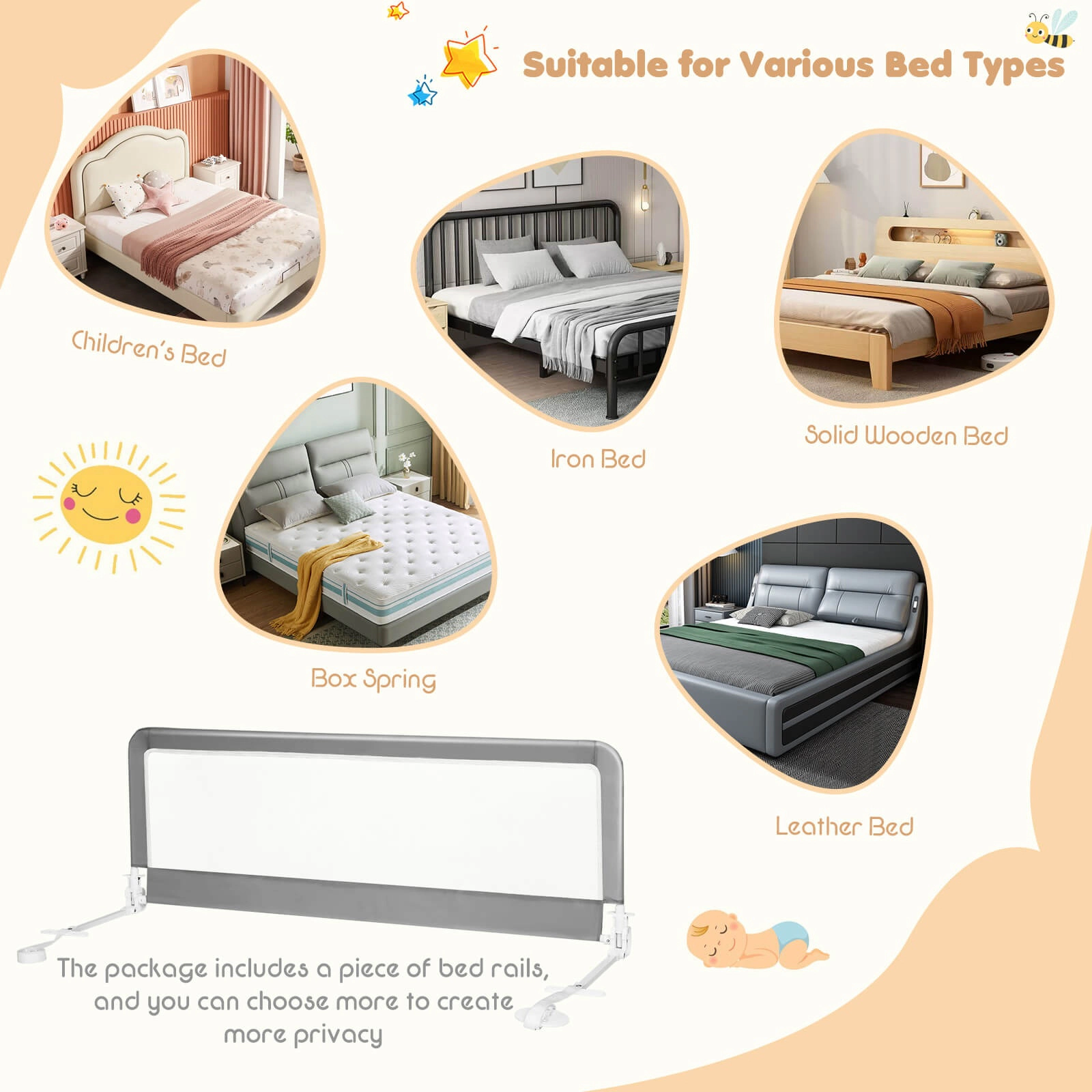 SUGIFT 59-in Folding Breathable Baby Bed Rail Guard with Safety Strap 59 x 16 x 21.5 in Ages 2+ Gray Beige Blue Pink