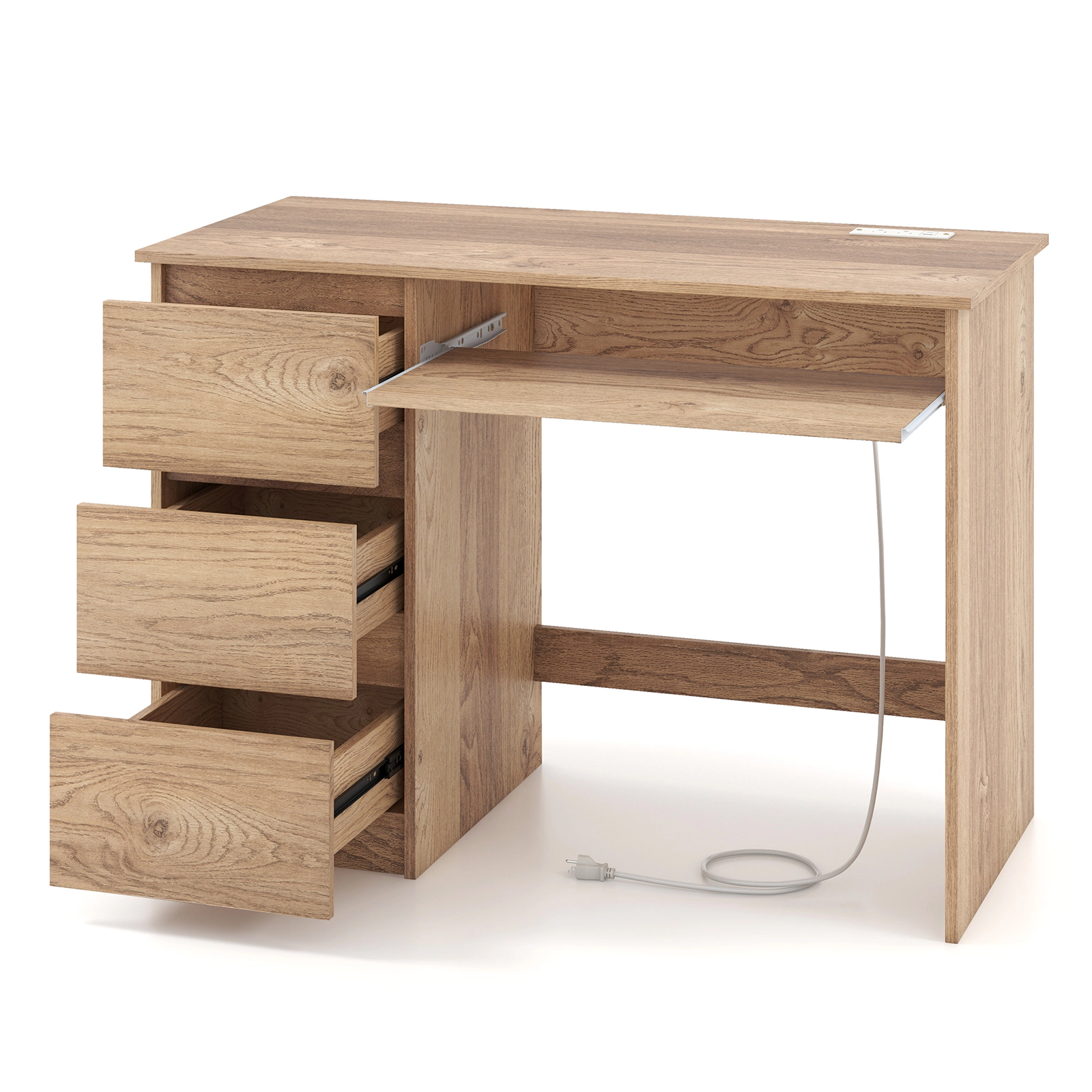 LJG Computer Desk with Power Outlet Keyboard Tray and 3 Large Drawers