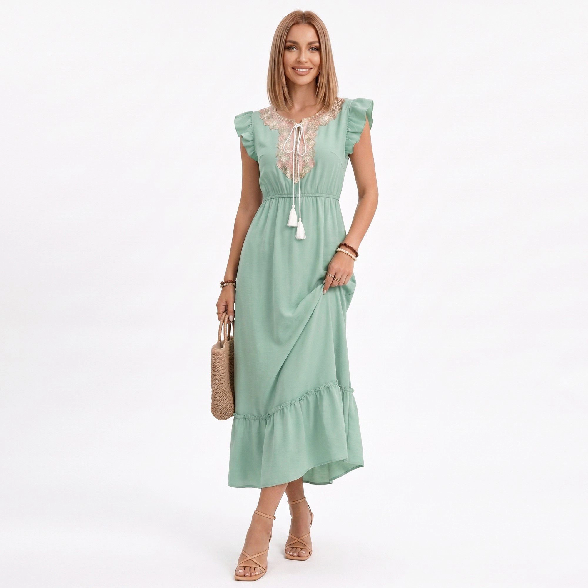 Anna-Kaci Women's Ruffle Sleeve Tie Neck Embroidered Trim Maxi Dress
