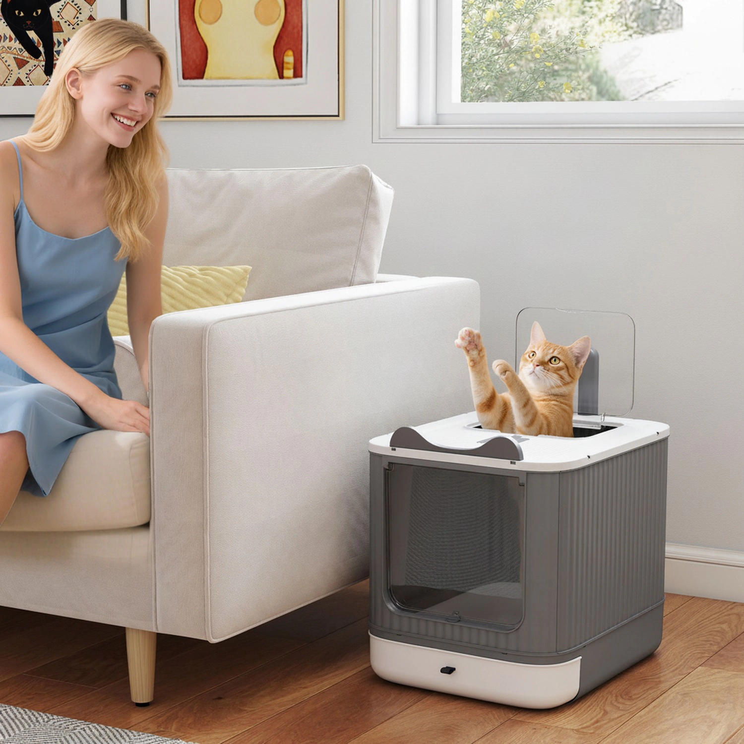HONGGE Cat Litter Box with Lid, Enclosed Litter Box for Medium Cats, Front-Entry and Top-Exit, Scoop, Deodorizer Bag