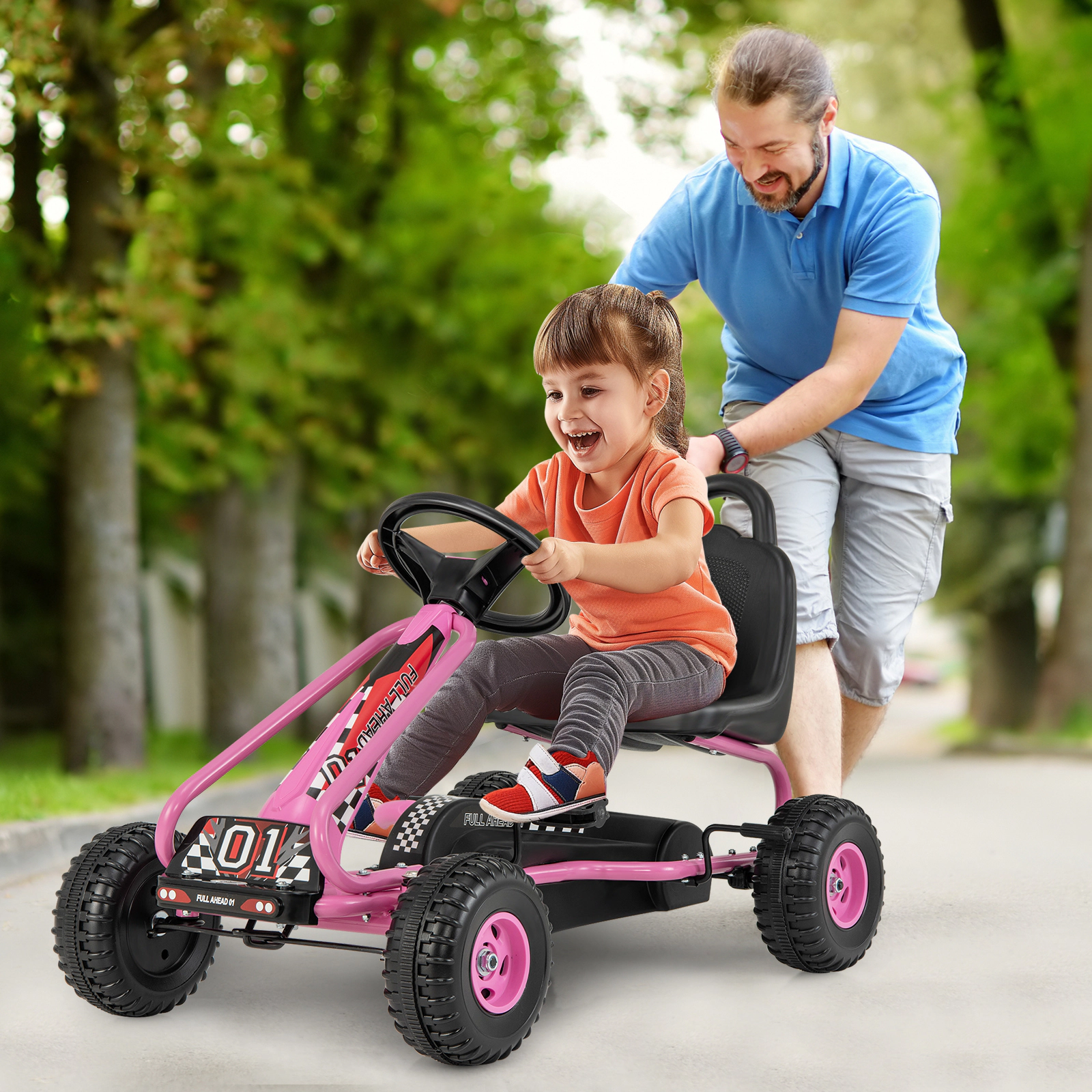 4-Wheel Pedal Go Kart for Kids Ages 3-6 Adjustable Bucket Seat Hand Brake and Enclosed Chain Cover Ride On Pedal Car