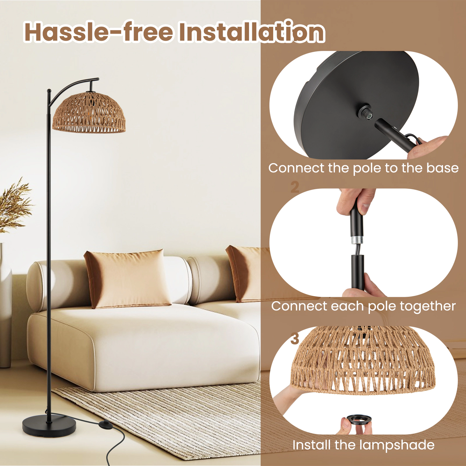 Slickblue Black Arc Floor Lamp 63in E26 Socket Paper Rope Shade Living Room Sofa Light