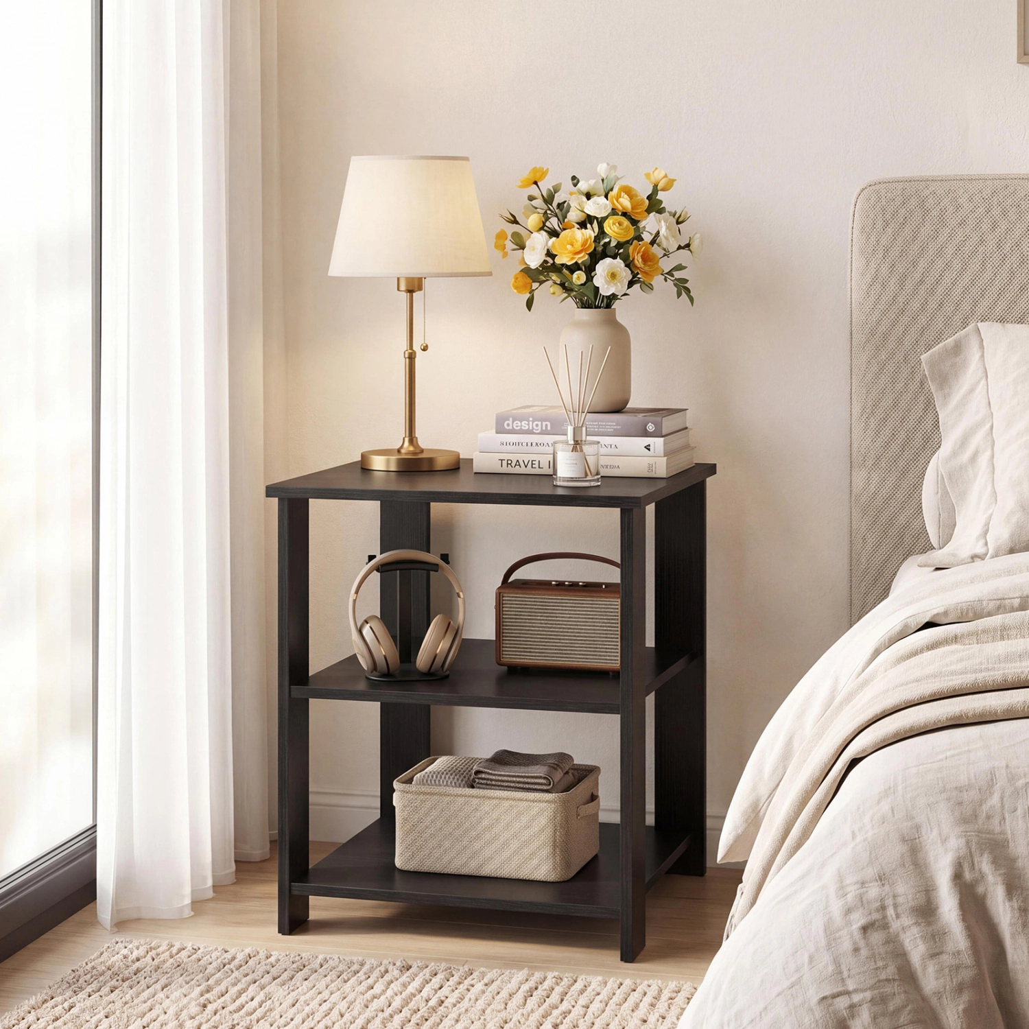 Glintex 3-Tier Square Nightstand with Open Shelves and Scratch-Resistant Finish