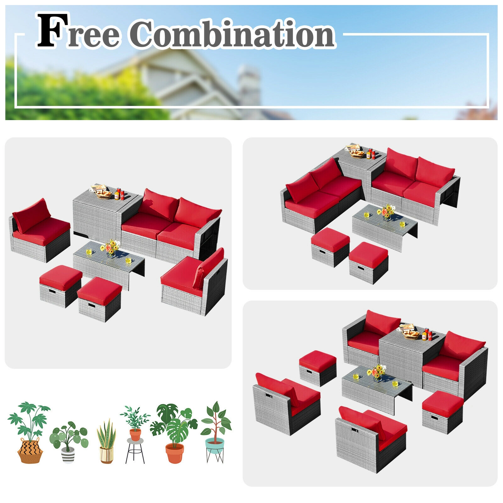 SUGIFT 8-Piece Red Rattan Patio Sectional Set with Storage Box, Cover and Glass Table