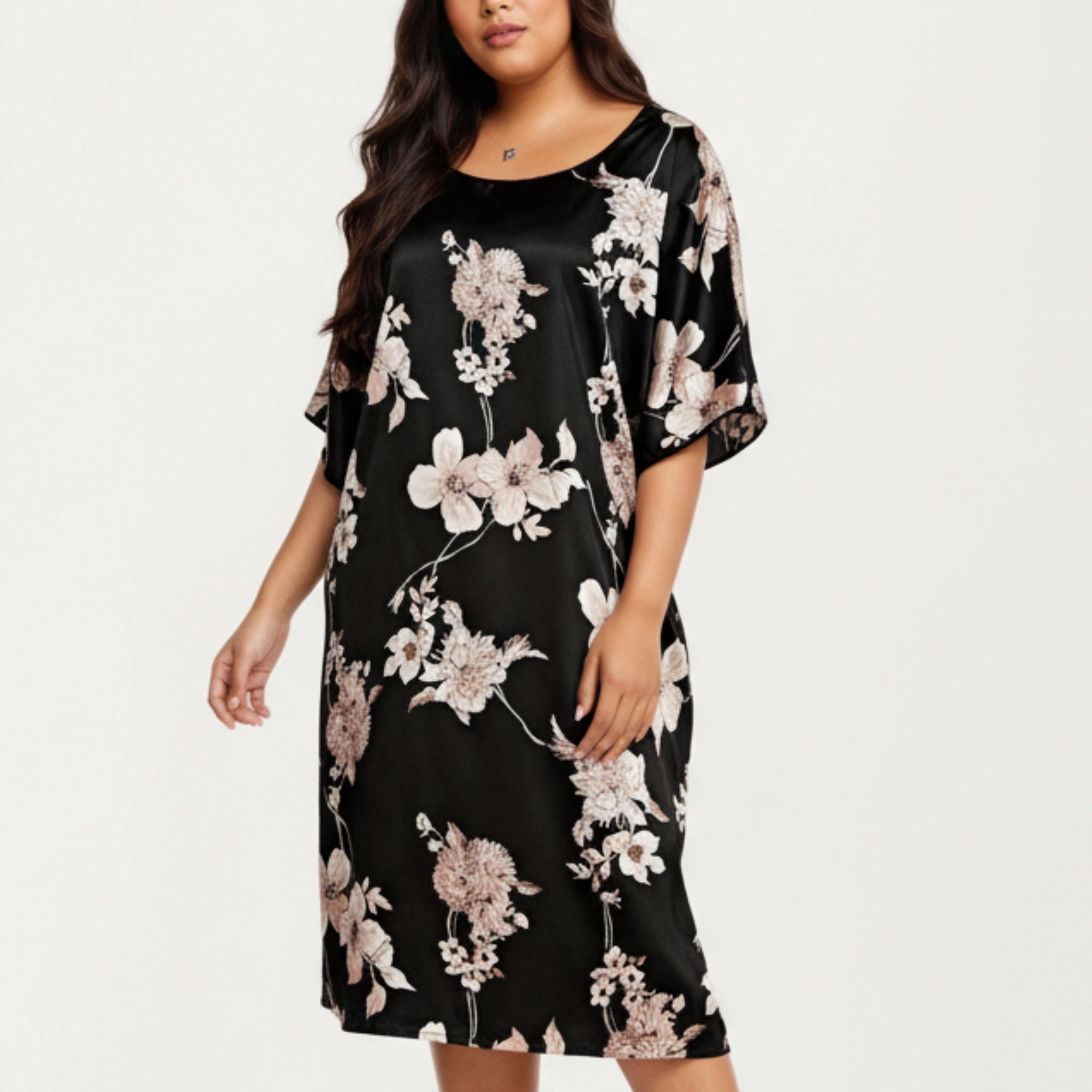 Anna-Kaci Women's Plus Satin Nightgown Allover Floral Print Relaxed Fit Scoop Neckline and Flowing Short Sleeves